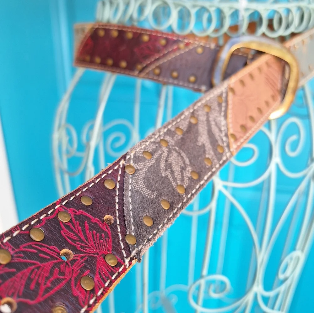 Genuine Leather Belt Metal Studded Embossed Patchwork Bohemian Tooled Womens - Picture 9 of 16